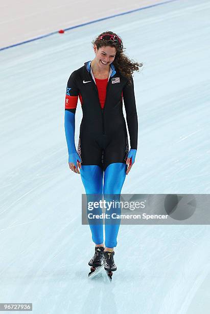 Nancy Swider-Peltz Jr. Of United States reacts after competing in the Speed Skating Ladies' 3,000m on day 3 of the Vancouver 2010 Winter Olympics at...