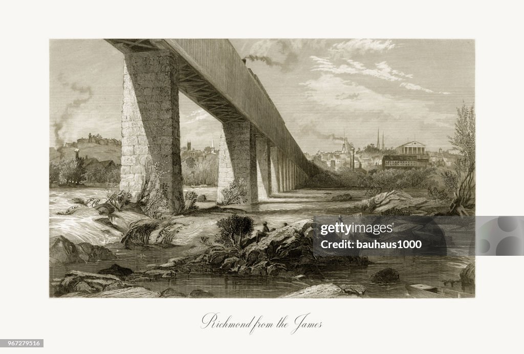 Richmond , Virginia, dal fiume James, Stati Uniti, American Victorian Engraving, 1872