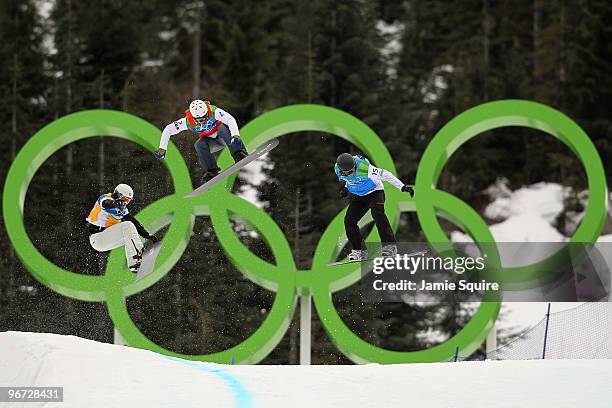 Stefano Pozzolini of Italy, Graham Watanabe of United States and Francois Boivin of Canada compete in heat 8 of the 1/8 Finals of the Men's SBX Final...