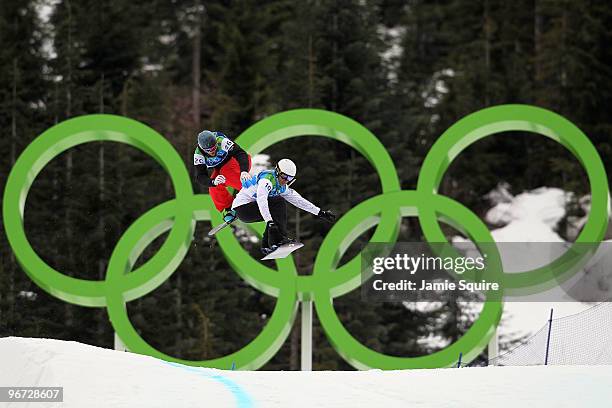 David Speiser of Germany and Robert Fagan of Canada compete in heat 7 of the 1/8 Finals of the Men's SBX Final on day 4 of the Vancouver 2010 Winter...