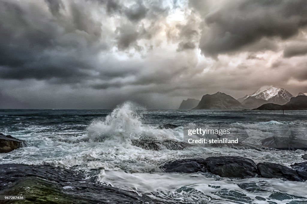 Stormy sea and beach, Flakstad, Lofoten, Nordland, Norway