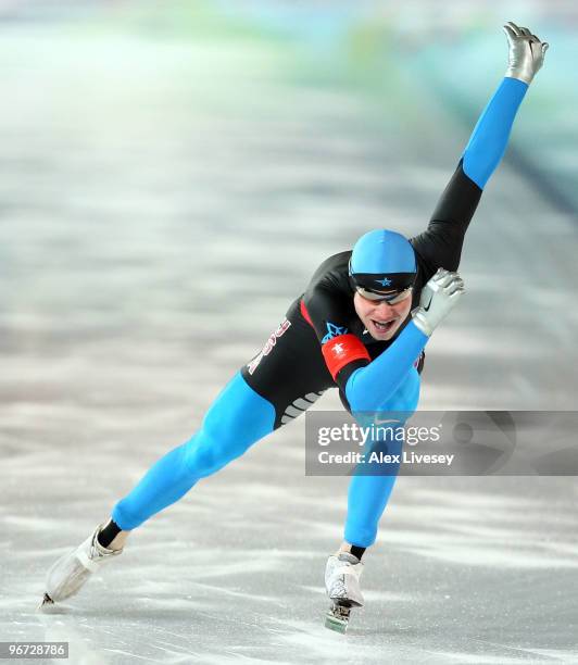 Tucker Fredricks of The United States crosses the line in the men's speed skating 500 m final on day 4 of the Vancouver 2010 Winter Olympics at...