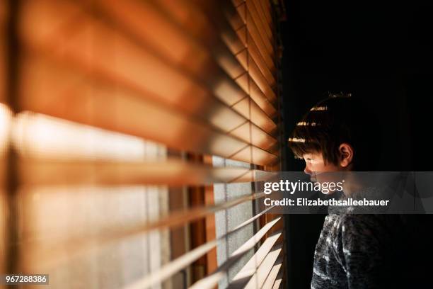 boy standing by a window looking through blinds - peeking through window stock pictures, royalty-free photos & images