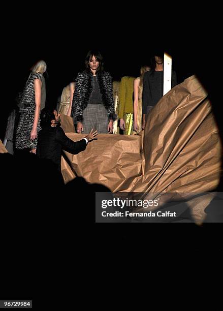Designer Marc Jacobs walks the runway at the Marc Jacobs Fall 2010 Fashion Show during Mercedes-Benz Fashion Week at the NY State Armory on February...