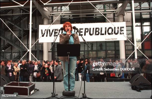 French artists demonstrate against Far Right Wing leader Jean-Marie Le Pen's entering the second round of the French presidential election at the...