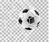 Soccer ball in a goal net isolated background