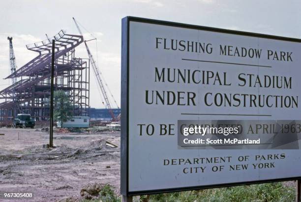 New York City - Construction sign for the Municipal Stadium at Flushing Meadows, later named Shea Stadium, in Corona, New York.