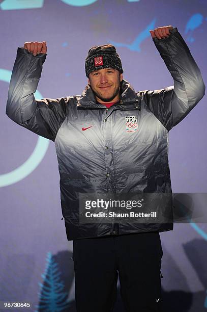 Bode Miller of the United States celebrates before receiving the bronze at the medal ceremony for the Alpine skiing Men's Downhill at Whistler Medal...