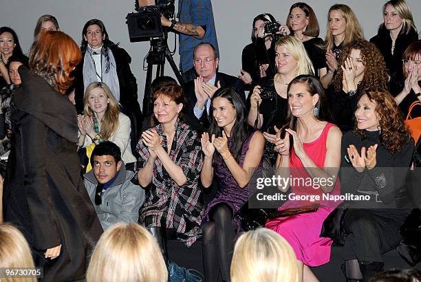 Actresses Susan Sarandon, Demi Moore, Brooke Shields and Marisa Berenson attend the Donna Karan Collection Fall 2010 fashion show during...