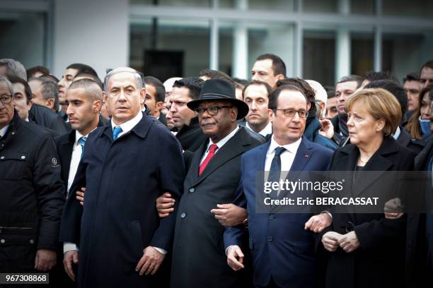 Le premier ministre israélien Benyamin Netanyahou, le président malien Ibrahim Boubacar Keïta, le président François Hollande et la chancelière...