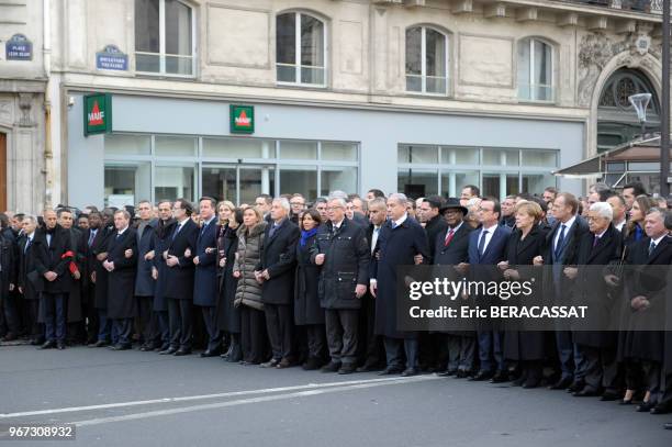 Chefs d'état et représentants de la communauté internationale lors du rassemblement républicain le 11 janvier 2015, boulevard Voltaire, Paris XI,...