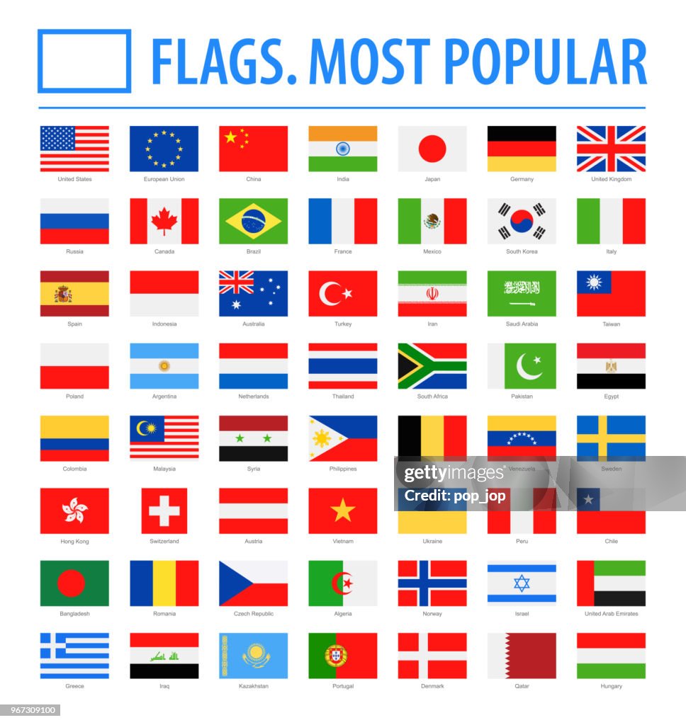 世界國旗-向量矩形平面圖標-最受歡迎的