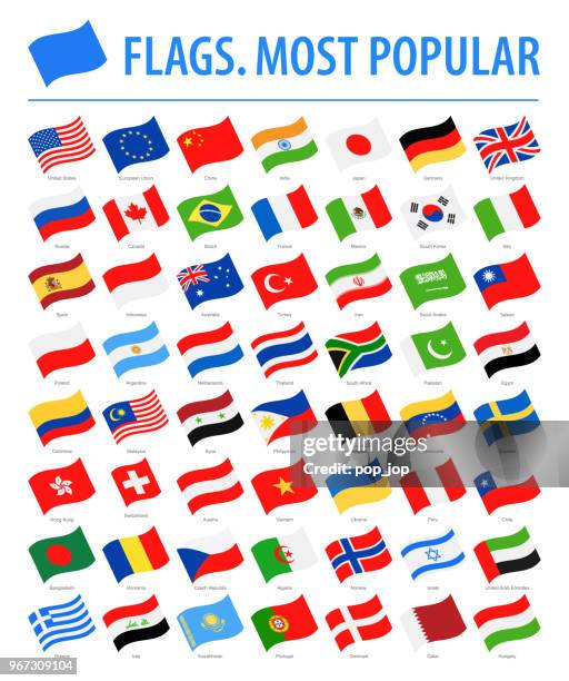 world flags - vector waving flat icons - most popular - most popular flag icon stock illustrations