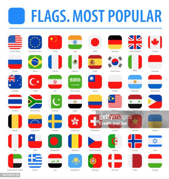 world flags - vector rounded square flat icons - most popular - national flag stock illustrations