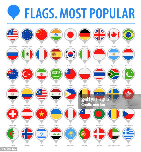 world flag round pins - vector flat icons - most popular - brooch pin stock illustrations