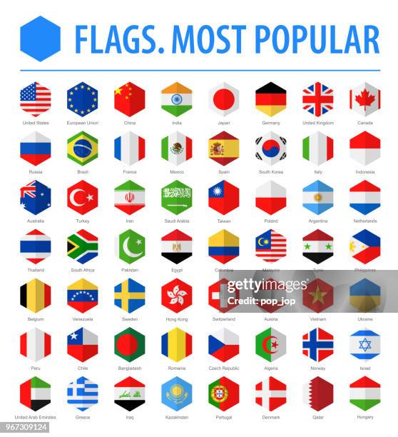 flaggen der welt - vektor hexagon flach-icons - beliebteste - most popular flag icon stock-grafiken, -clipart, -cartoons und -symbole