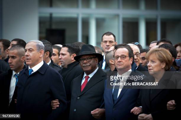 Le premier ministre israélien Benyamin Netanyahou, le président malien Ibrahim Boubacar Keïta, le président François Hollande et la chancelière...