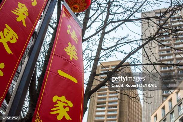 Immeubles et décorations du Nouvel an chinois dans le quartier chinois du XIIIème arrondissement le 22 février 2015, Paris, France.