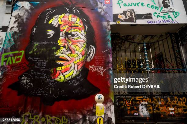 Graffitis et dessins en hommage à Serge Gainsbourg disparu en 1991 sur le mur de sa maison de la rue de Verneuil, 24 octobre 2015, Paris, France.