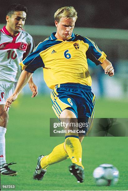 Tobias Linderoth of Sweden in action during the FIFA 2002 World Cup Qualifier against Turkey played at the Ali Sami Yen Stadium in Istanbul, Turkey....