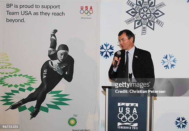 Luc Bardin Group Chief Sales Marketing Officer of BP speaks at a press conference announcing BP's new sponsorship with Team USA and the United States...