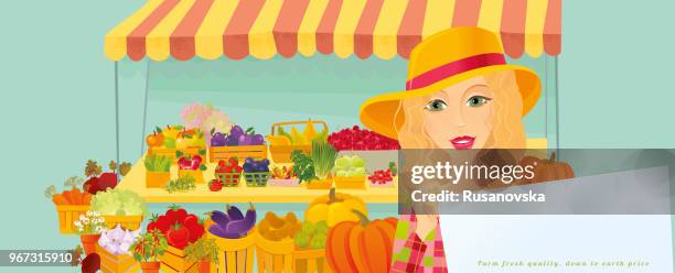 farmer girl selling organic vegetables and fruits - basil sellers stock illustrations