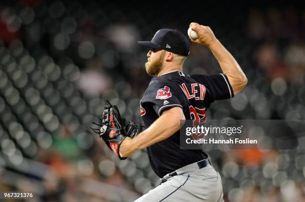 Cody Allen of the Cleveland Indians delivers a pitch against the Minnesota Twins during the game on May 31, 2018 at Target Field in Minneapolis,...