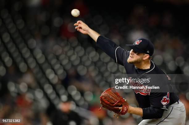 Cody Allen of the Cleveland Indians delivers a pitch against the Minnesota Twins during the game on May 31, 2018 at Target Field in Minneapolis,...