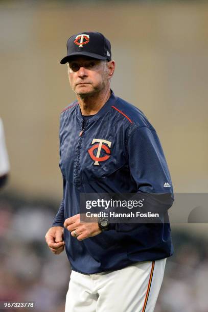 Manager Paul Molitor of the Minnesota Twins looks on during the game against the Detroit Tigers on May 22, 2018 at Target Field in Minneapolis,...