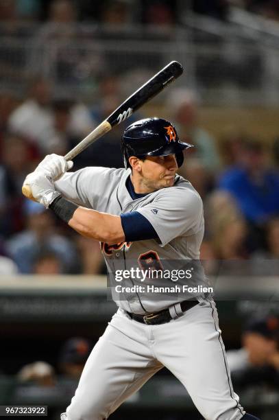 Mikie Mahtook of the Detroit Tigers takes an at bat against the Minnesota Twins during the game on May 22, 2018 at Target Field in Minneapolis,...