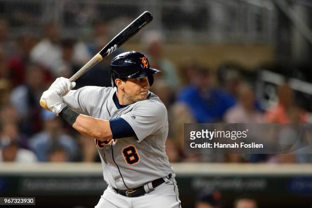Mikie Mahtook of the Detroit Tigers takes an at bat against the Minnesota Twins during the game on May 22, 2018 at Target Field in Minneapolis,...