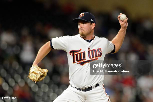 Zach Duke of the Minnesota Twins delivers a pitch against the Detroit Tigers during the game on May 22, 2018 at Target Field in Minneapolis,...