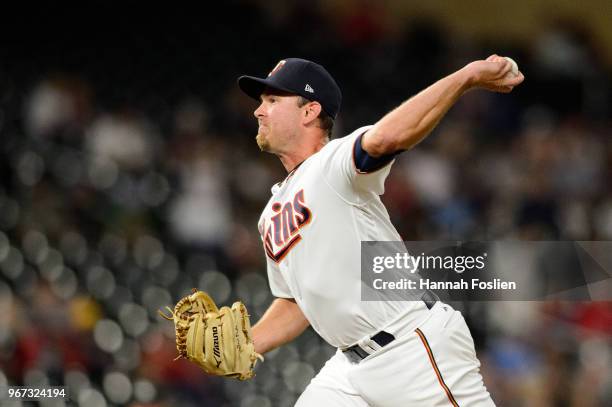 Zach Duke of the Minnesota Twins delivers a pitch against the Detroit Tigers during the game on May 22, 2018 at Target Field in Minneapolis,...