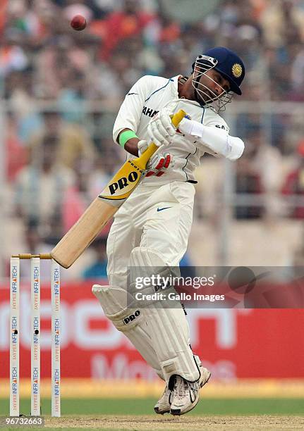 Laxman of India evades a bouncer during day three of the Second Test match between India and South Africa at Eden Gardens on February 16, 2010 in...