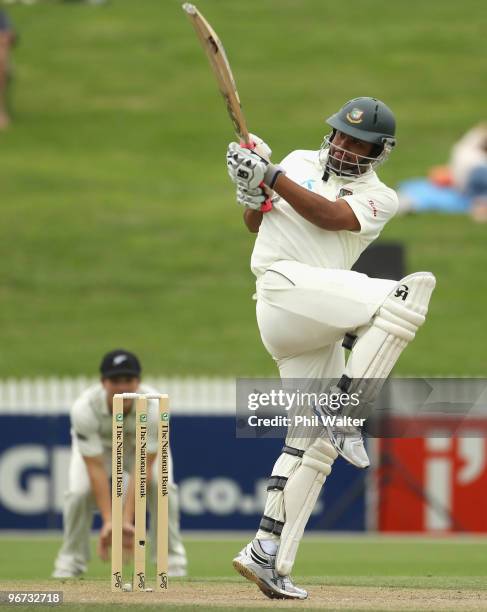 Tamim Iqbal Khan of Bangladesh bats during day two of the First Test match between New Zealand and Bangladesh at Seddon Park on February 16, 2010 in...