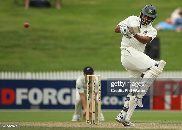 Tamim Iqbal Khan of Bangladesh bats during day two of the First Test match between New Zealand and Bangladesh at Seddon Park on February 16, 2010 in...