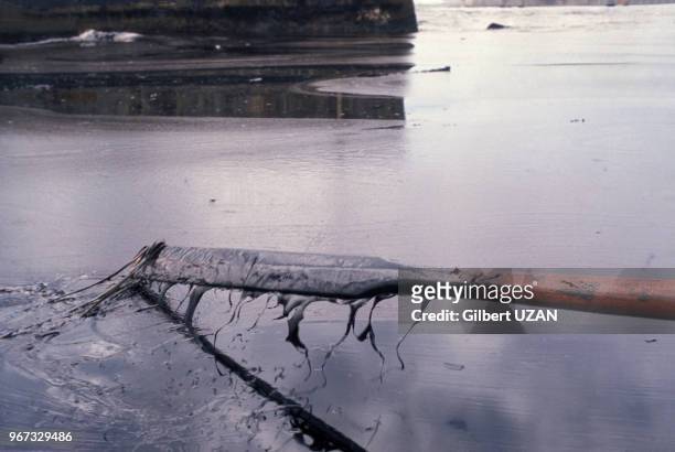 Marée noire après le naufrage du pétrolier Urquiola le 15 mai 1976 à La Corogne, Espagne.