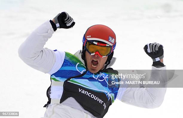 Seth Wescott of the US reacts at the end of his run in winning the Men's Snowboard SBX final at Cypress Mountain during the Vancouver Winter...