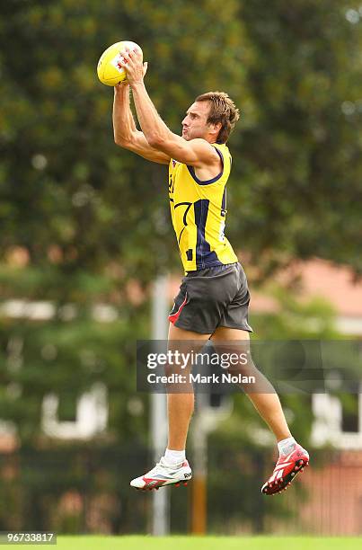 Jude Bolton marks the ball during a Sydney Swans training session at Lakeside Oval on February 16, 2010 in Sydney, Australia.