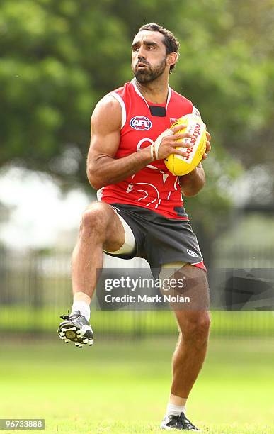 Adam Goodes catches the ball during a Sydney Swans training session at Lakeside Oval on February 16, 2010 in Sydney, Australia.