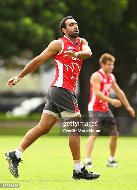 Adam Goodes warms up during a Sydney Swans training session at Lakeside Oval on February 16, 2010 in Sydney, Australia.