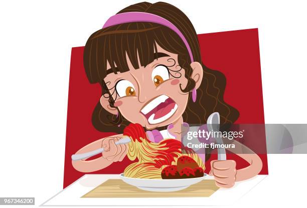 ilustraciones, imágenes clip art, dibujos animados e iconos de stock de niño comiendo fideos - comendo