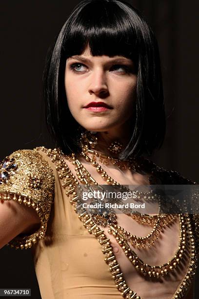 Model walks the runway at the Georges Hobeika Haute-Couture show as part of the Paris Fashion Week Spring/Summer 2010 at Palais de Tokyo on January...