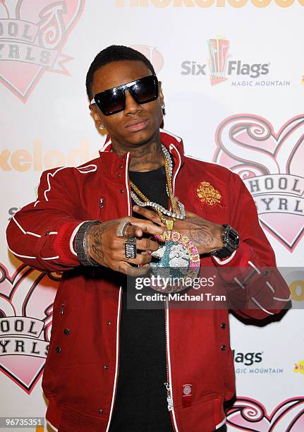 Soulja Boy arrives to the Los Angeles premiere of Nickelodeon's "School Gyrls" held at Six Flags Magic Mountain on February 15, 2010 in Valencia,...