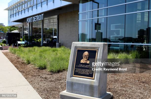 Plaque honoring Carl M. Levin, former U.S. Senator from Michigan sits outside Waterview Loft at Port Detroit in Detroit, Michigan on May 24, 2018.