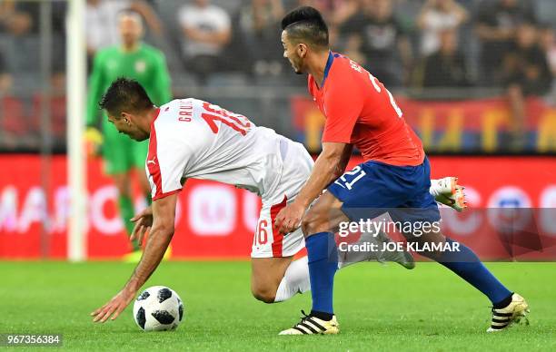 Chile's Lorenzo Reyes vies with Serbia's Marko Grujic during the international friendly footbal match Serbia vs Chile at the Merkur Arena in Graz, on...