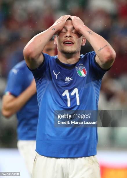 Andrea Belotti of Italy gestures during the International Friendly match between Italy and Netherlands at Allianz Stadium on June 4, 2018 in Turin,...