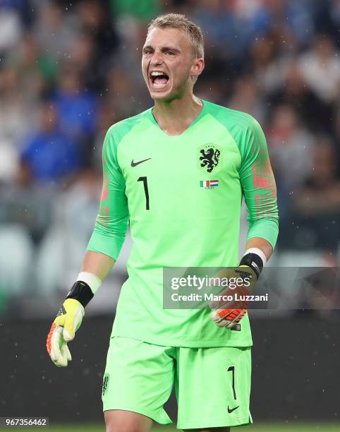 Jasper Cillessen of Netherlands reacts during the International Friendly match between Italy and Netherlands at Allianz Stadium on June 4, 2018 in...