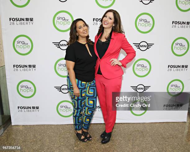 Sing For Hope co-founders Monica Yunus and Camille Zamora pose for a photo as The 2018 Sing for Hope Pianos are unveiled at 28 Liberty on June 4,...