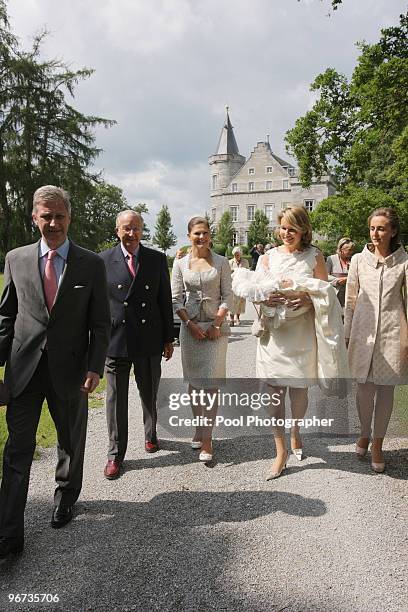 Prince Philippe of Belgium, King Albert of Belgium, Princess Victoria of Sweden, Princess Mathilde of Belgium carrying Princess Eleonore of Belgium...